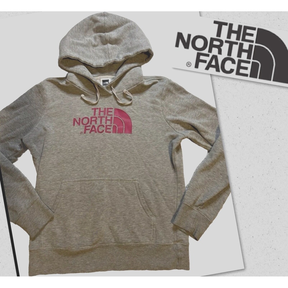 The North Face Hoodie Sweatshirt‎ Womens Small Gray Spellout Barbie PINK Logo
